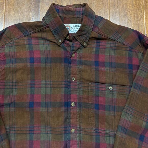 Basic Options Vintage Corduroy Plaid Flannel Brown Button Front Shirt Mens Large - Picture 2 of 9